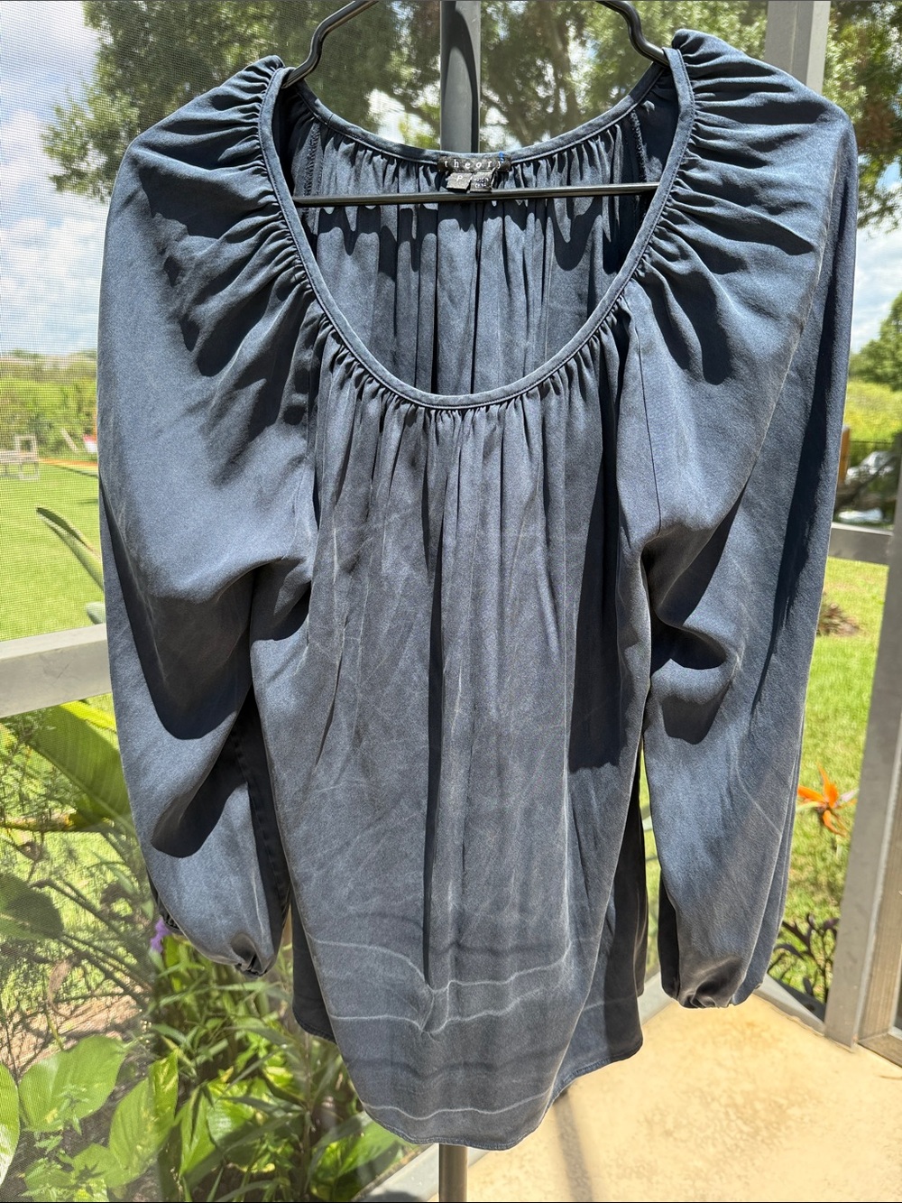 Theory Slate-Blue Gathered Scoop-Neck Blouse